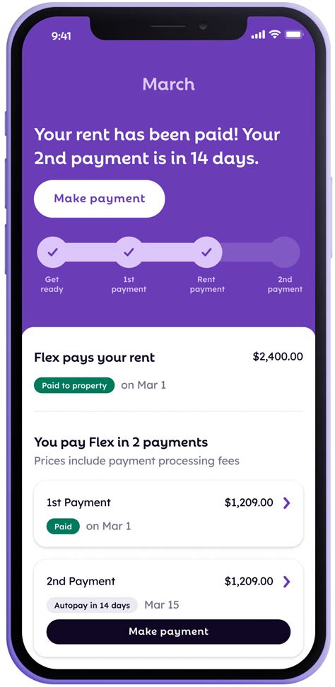 About this app. Rent pay, your way. Flex splits your monthly rent into two payments, helping you pay rent on time, improve cash flow, and build your credit history — so you can breathe easier every month. Each month, you pay part of your total rent up front and the rest later in the month, when it works best for you.